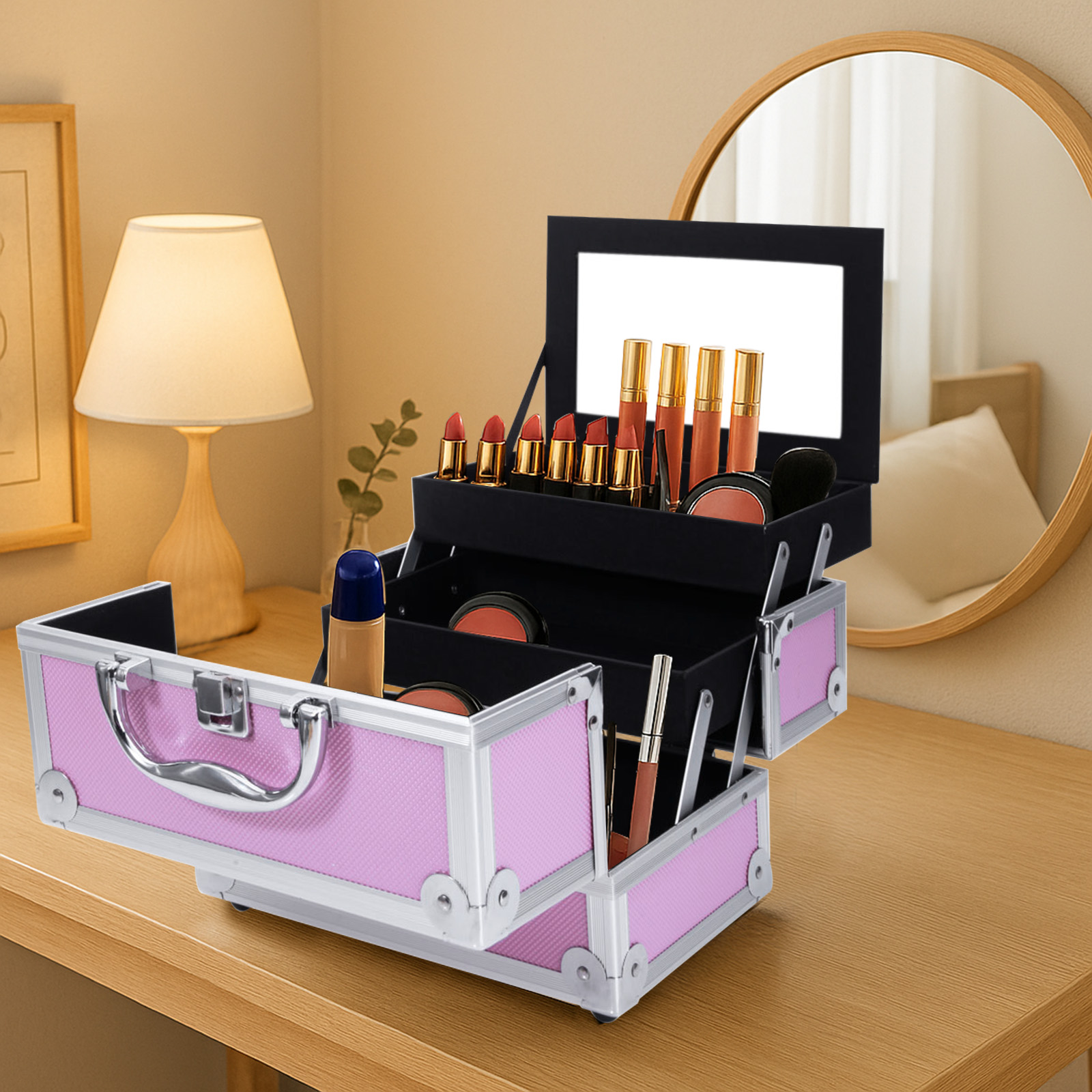 Women Handheld Bags - Pink Aluminum Alloy Makeup Case, Double