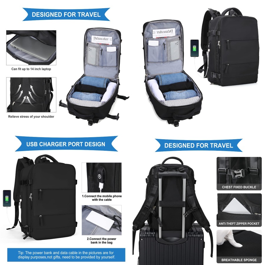 Women Bags Work - 【New Arrival】Black Travel Backpack with USB
