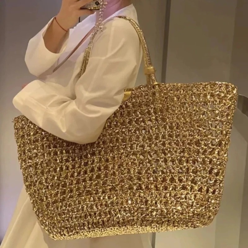 Metallic Woven Tote Bag Women  - Women Bags Gold reseña y precio