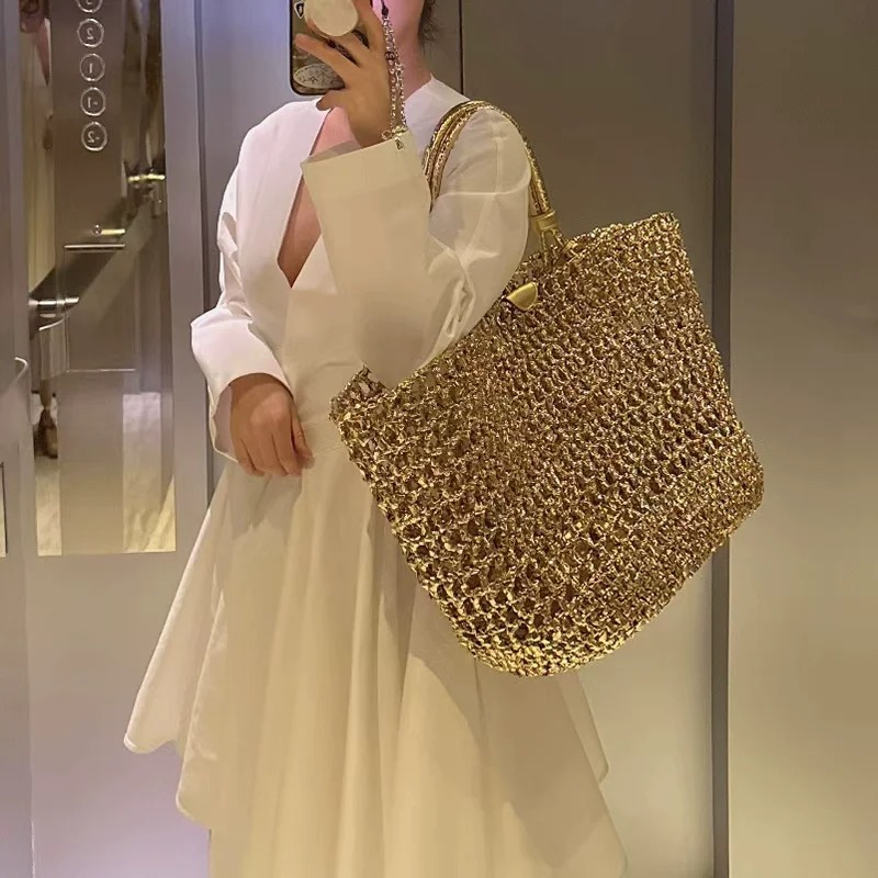 Metallic Woven Tote Bag Women  - Women Bags Gold reseña y precio